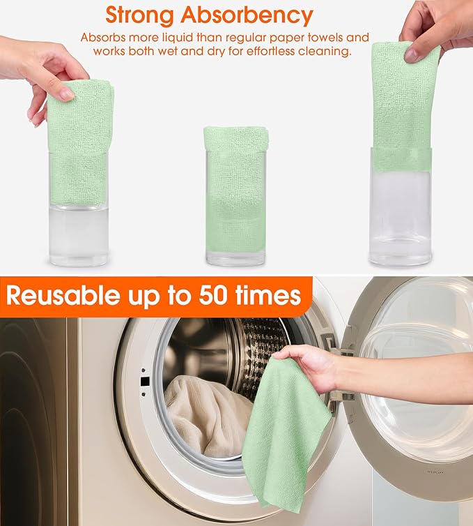 CHAUNCEY HOME Microfiber Cleaning Cloth Roll - 100 Pack Tear Away Microfiber Paper Towels, Reusable, Washable, Scratch-Free, Kitchen Towels for Car, Home, Kitchen, Glass, Dishes(Bean Green)