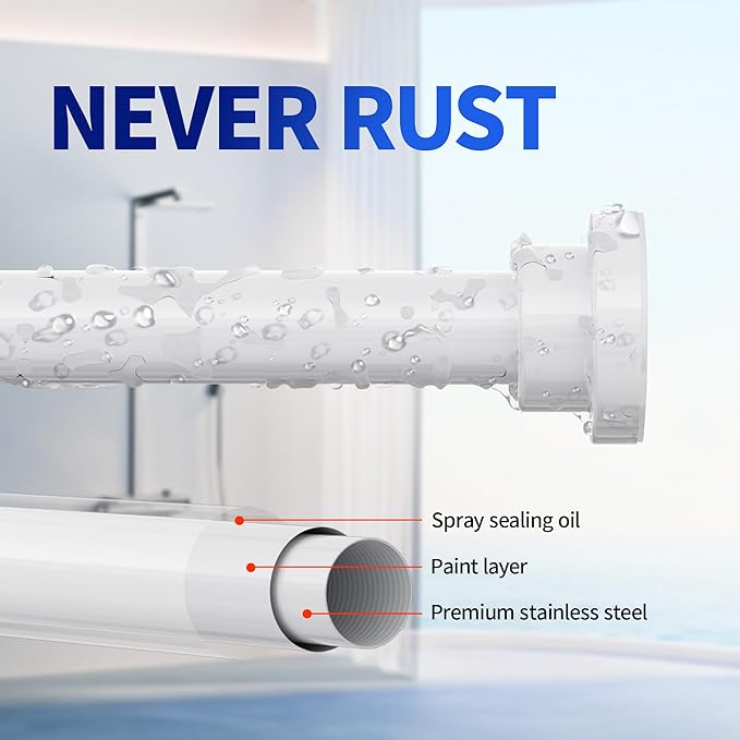 Mcrbeay Shower Curtain Rod, 1" Diameter Heavy Duty Tension Shower Rod, Non Slip Adjustable 28-74 inch No Drill Shower Curtain Rods Spring Tension For Bathroom, Shower Stall, No Rust, White