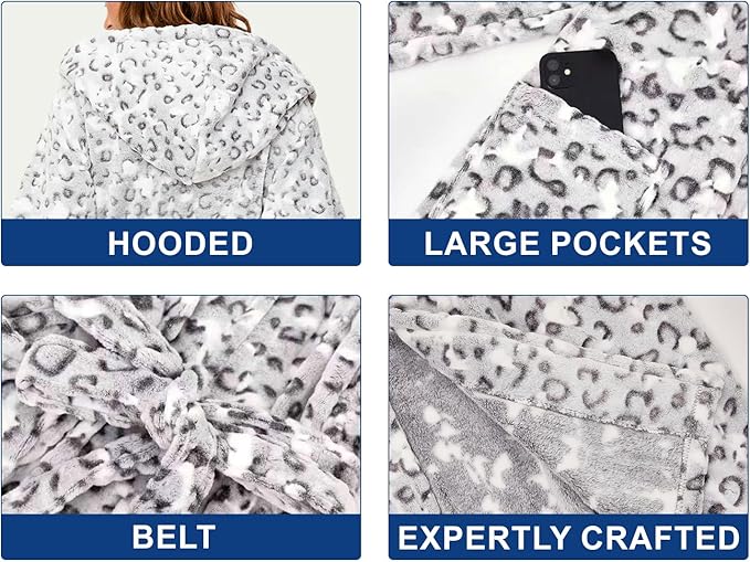 RONGTAI Womens Robes Plush Fleece Hooded Bathrobe Thick Nightgown with Pockets Fluffy Sleepwear