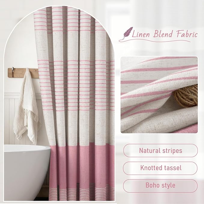 XOGUIBO Pink Shower Curtain Boho Linen Striped Shower Curtains for Bathroom with Tassel 72 X 72