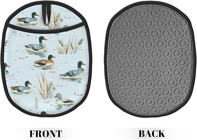 Pot Holders 2 Pack Silicone, Cotton Lining, Heat Resistant to 500°F (260°C), Non-Slip Grip, 7.5"x9.4" Oval Kitchen Hot Pads for Oven, Cooking (Ducks Swimming, Potholders)