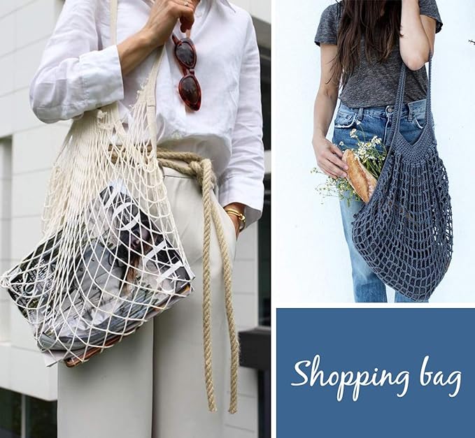 Lemonfilter Mesh Grocery Bags, 5 Pack Reusable Washable Cotton String Shopping Bag, Cotton Mesh Produce Bag with Long Handle Net Tote Bag for Fruit Vegetables Farmers Market Shopping (4 Color)