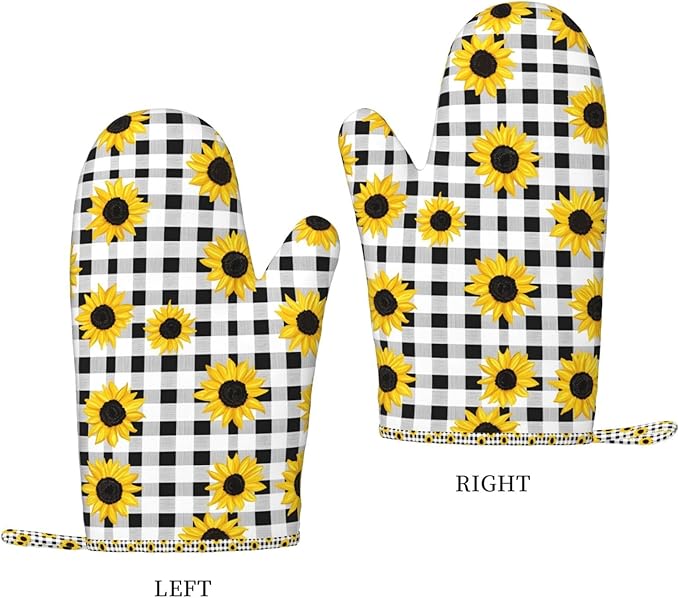 Heat Resistant Oven Mitts 2 Pack, 500°F Silicone Oven Gloves with Non-Slip Grip, Soft Quilted Cotton Lining for Baking, Grilling, BBQ, Cooking (Sunflower)