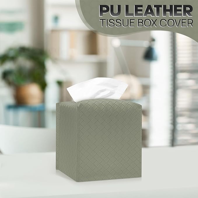 Tissue Box Cover Holder, PU Leather Tissue Box Cover with Braided Pattern, Square Tissue Holder with Bottom Belt, Modern Organizer for Bathroom, Car, Office,(Rock Gray Green, 12 Braided Patterns)