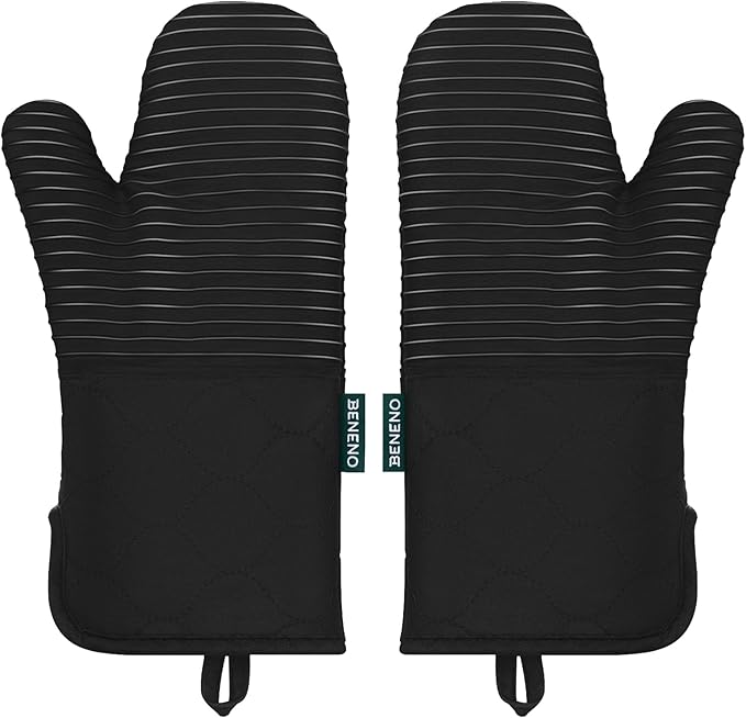 Beneno Kitchen Oven Mitts 2-Pack Heat Resistant to 500°F with Non-Slip Silicone Grip, Extra Long 14.3" Forearm Protection, Soft Quilted Cotton Terry Lining, Ideal for Cooking, Baking, Grilling, Black