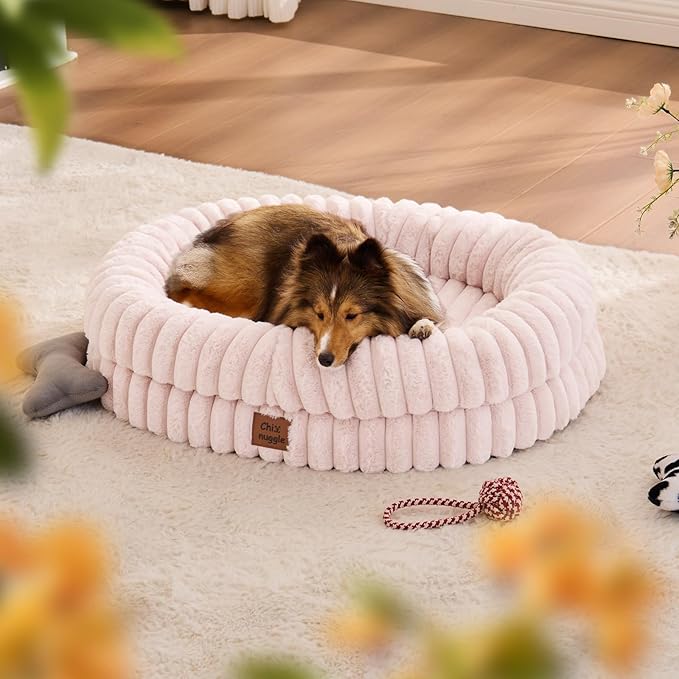 ChiXnuggle Dog Bed Medium Sized Dog - Luxury Striped Faux Fur Waterproof Pet Couch with Removable Washable Cover, Orthopedic Pet Bed with Bolster Sides for Sleeping, Pink