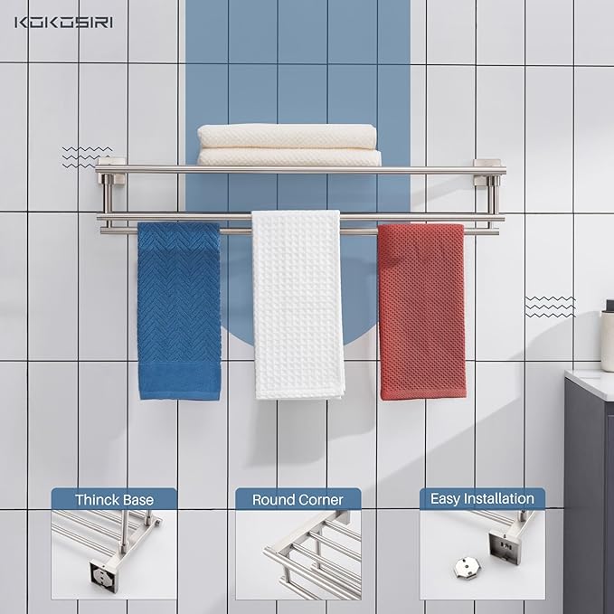 KOKOSIRI Towel Shelf with Double Towel Bars 32 Inches Bathroom Towel Rack Bath Towel Holder Wall Mounted Stainless Steel, Brushed Nickel, B6005BR-L32
