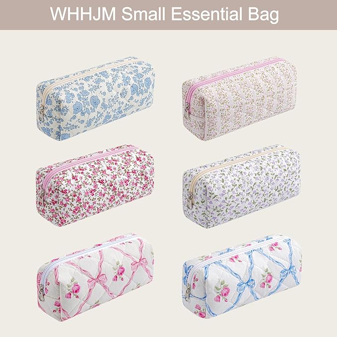 WHHJM Cute Floral Makeup Brush Bag Small Cotton Quilted Cosmetic Bag for Women Travel Toiletry Zipper Make Up Pouch (Blue Floral)