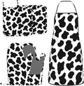 Cow Print Oven Mitts and Pot Holders with Apron 5pcs Silicone Black White Cow Kitchen Mitten Gloves and Non-Slip Potholders Apron Set Heat Resistant Cowhide Oven Gloves Hot Pads for Baking