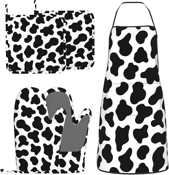 Cow Print Oven Mitts and Pot Holders with Apron 5pcs Silicone Black White Cow Kitchen Mitten Gloves and Non-Slip Potholders Apron Set Heat Resistant Cowhide Oven Gloves Hot Pads for Baking