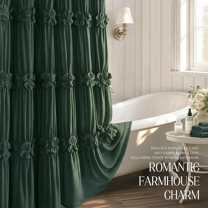 XOGUIBO Ruffle Shower Curtain with Handmade Bow Tie, Dark Green Linen Vintage Farmhouse Shower Curtain for Bathroom, 72" W x 72" H