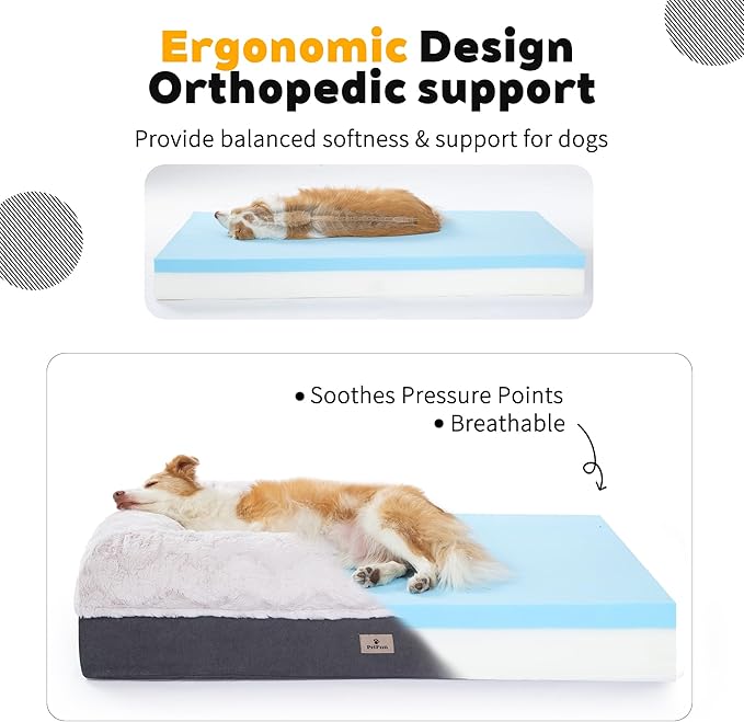 PetFun Memory Foam XL Dog Bed for XLarge Sized, Extra Large Orthopedic Dog Sofa with Sides and Waterproof Liner, Washable Bolster Pet Bed Couch with Removable Cover, 60x43x13 Inch, Beige