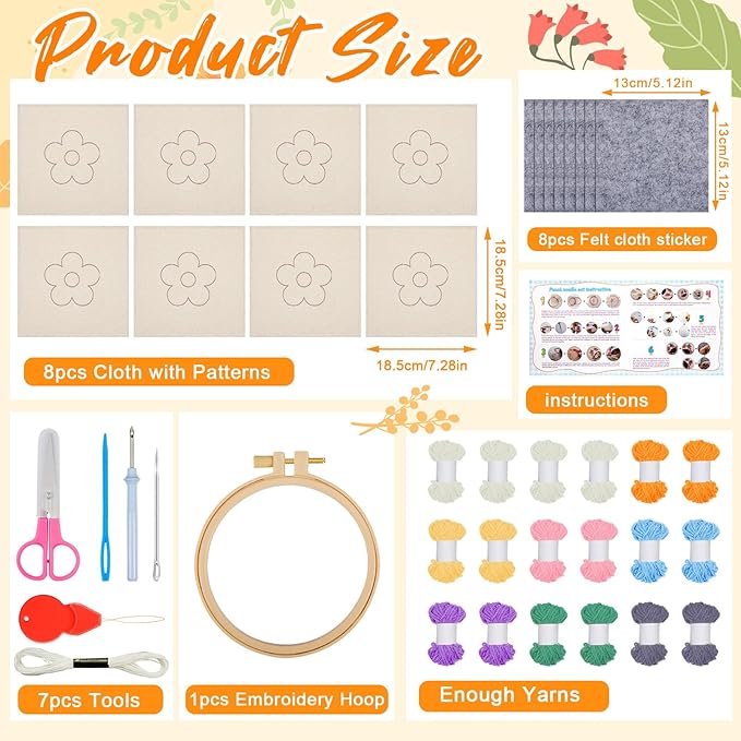 Preboun 8 Pcs Flower Punch Needle Coaster Kit, Punch Needle Embroidery Kit for Adults Beginners, DIY Supplies Tufted Coasters Including Yarns Hoop Tools