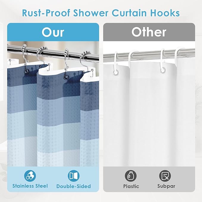 Nesphy Shower Curtain and Liner, Ombre Blue Striped 3 in 1 Shower Curtain and PEVA Liner Set with 12 Rust-Resistant Metal Hooks, Waterproof Fabric Shower Curtains for Bathroom, 72 W x 72 H