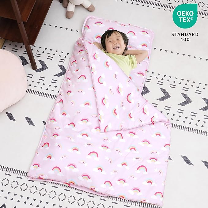david's kids Toddler Nap Mat Set with Removable Pillow, Ultra Soft Slumber Bags for Girls，Perfect for Preschool, Daycare, Kids Sleeping Bags with Rollup Design, 50"x20", Rainbow