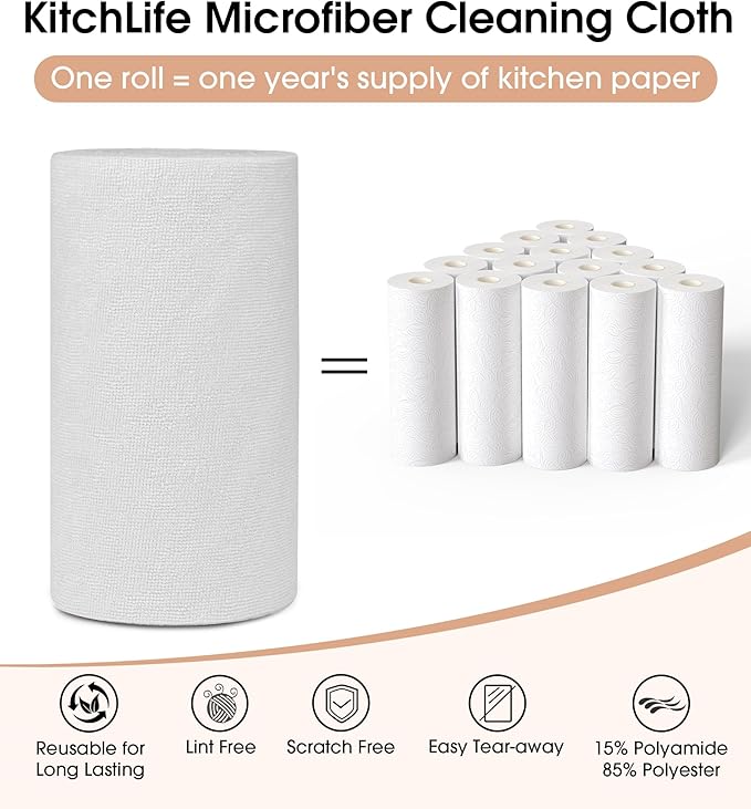 KitchLife Microfiber Cleaning Cloth Roll, 100 Pack - Tear-Away Microfiber Paper Towels, Lint-Free, Reusable, Washable for Kitchen, Car, Dishes, and Sensitive Surfaces (Light Gray)
