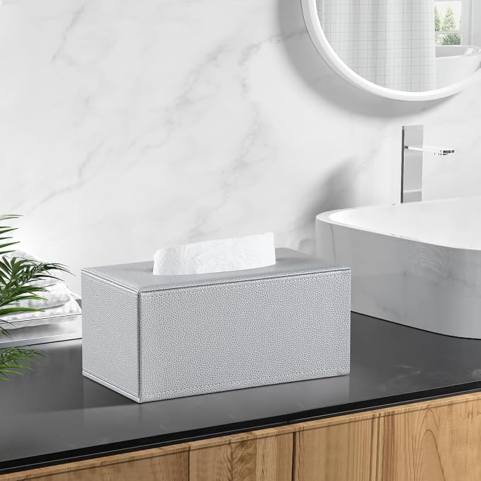 JLAMBOM Rectangle Tissue Box Cover for 120 to 160 Count Box of Tissues, PU Leather Tissue Holder with Magnetic Closure (Silver)