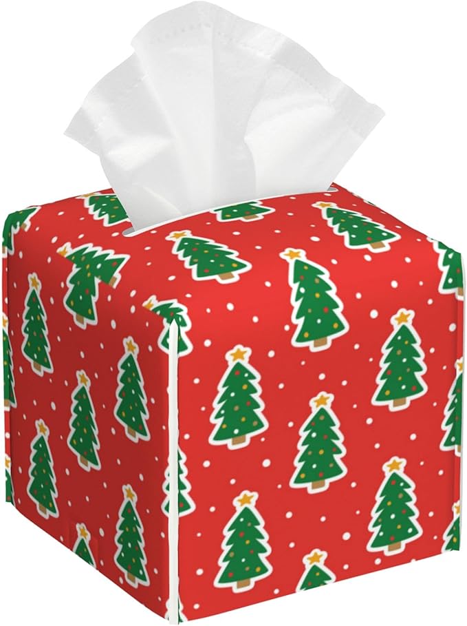 POIUBLE Christmas Trees Tissue Box Cover Leather Tissue Box Holder Square Facial Paper Organizer Dispenser for Bathroom Kitchen Bedroom Vanity Countertop Night Stands