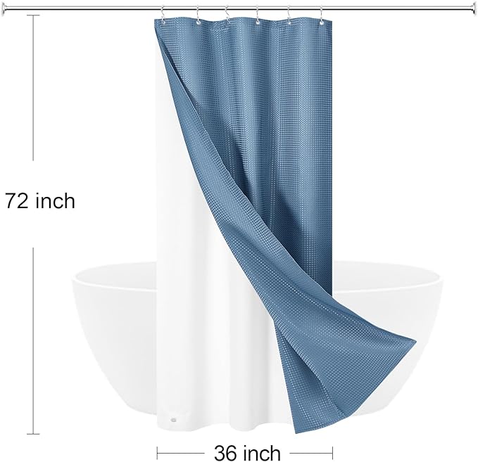 Craidlela 3 in 1 Stall Half Size Moonlight Blue Shower Curtain Set-36 W x 72 H, Modern Waffle Waterproof Fabric and PEVA Liner Set with Stainless Steel Hooks