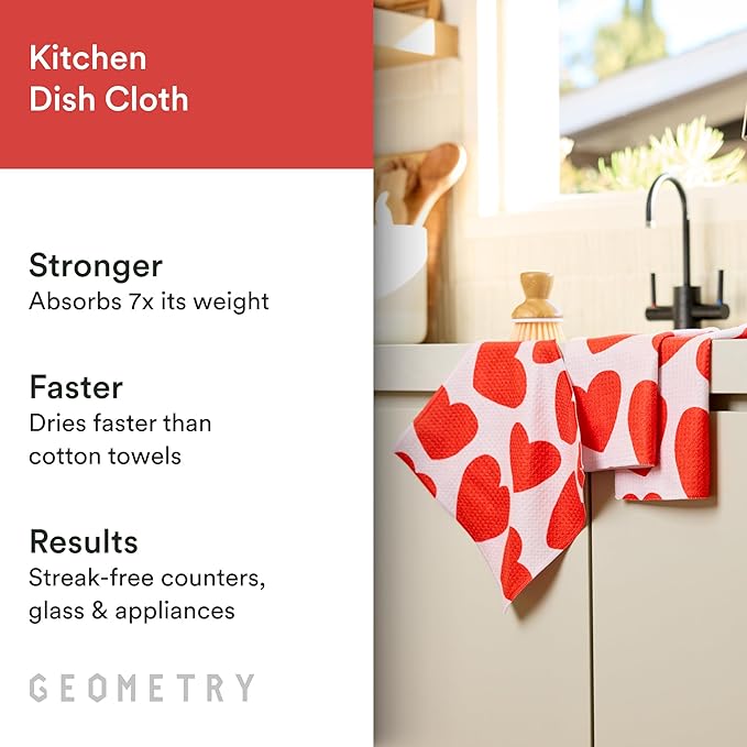 GEOMETRY Kitchen Dish Cloths - Quick Dry Dishcloths for Kitchen - Premium Dish Rags with Geoweave - 3-Pack Set Heart Throb