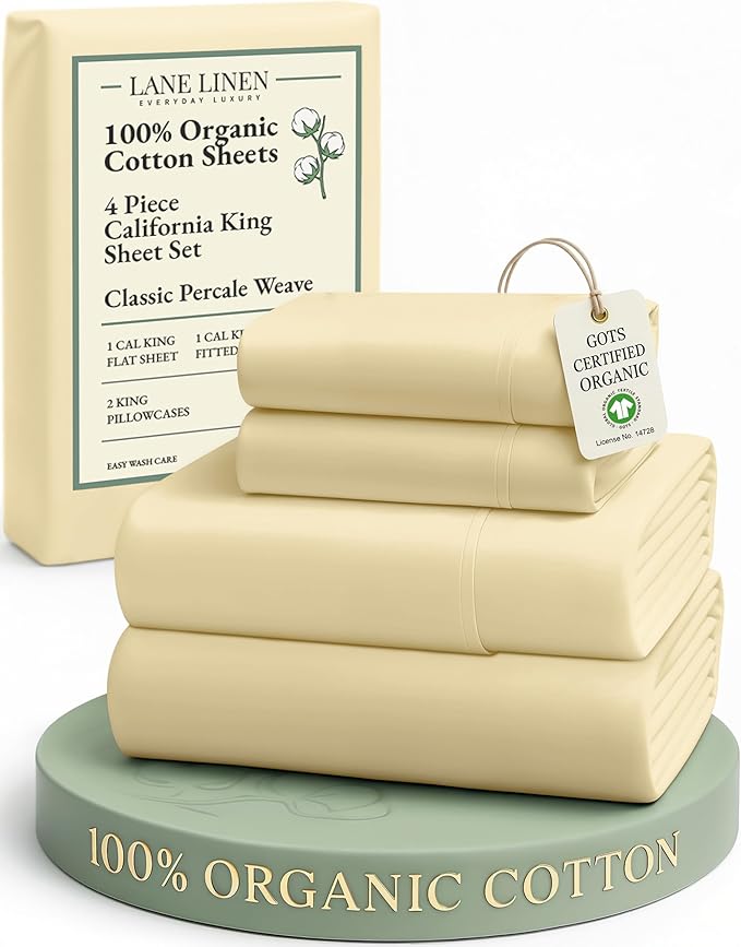 LANE LINEN 100% Organic Cotton California King Sheets Set, 4-Piece Soft & Comfy Luxury Hotel Style Percale Weave Best Bedding Sheets for Bed, Breathable, Fits Mattress Upto 15" Deep - Vanilla