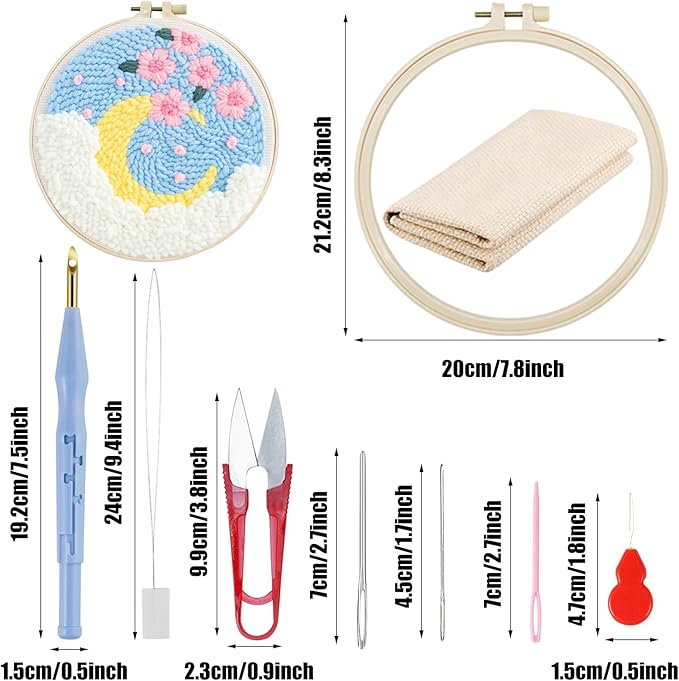 Woohome Punch Needle Kit Included Plastic Hoops, Punch Needle Cloth, Color Yarn and Punch Needle Tools for Adults, Beginners (Moon and Trees)