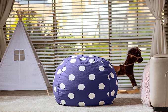 WEKAPO Stuffed Animal Storage Bean Bag Chair Cover for Kids | Stuffable Zipper Beanbag for Organizing Children Plush Toys Large Premium Cotton Canvas (Navy Dot, X-Large)