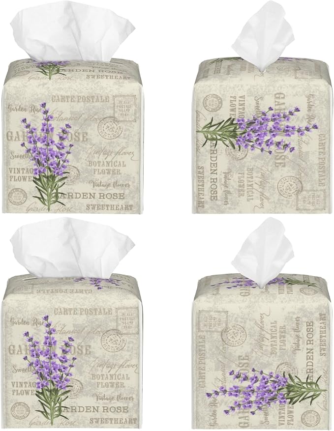 POIUBLE Leather Tissue Box Holder Lavender Flowers Tissue Box Cover Square Waterproof Tissue Holder Organizer Modern Napkin Holder for Bedroom Dresser Night Stand Office Desk