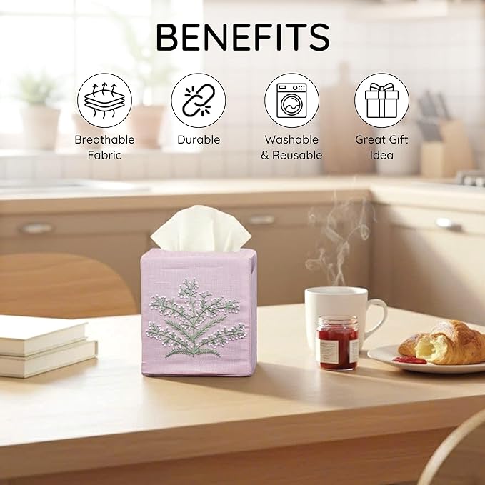 EmbroideryLinen.VN Tissue Box Cover Set of 2, Square Linen Tissue Holder, French Knot Hand Embroidered Floral Design, 4.5x4.5x5.5 Inches, Decorative for Bathroom, Living Room, Office (Grey & Pink)