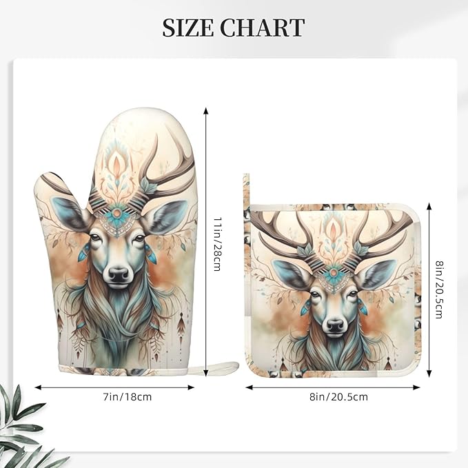 Rustic Deer Animal Oven Mitts and Pot Holders Sets, Home Silicone Heat Resistant BBQ Gloves for Kitchen Baking Cooking Grilling Microwave