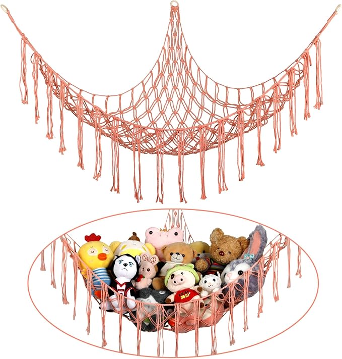 Stuffed Animal Hammock Corner, Hand-knitted Large Plushie Net Toy Hammock with Wooden Rings | Boho Cute Stuff Animal Storage for Nursery & Bedroom | Mesh Kids Toy Organizer Holder Nursery Room Decor