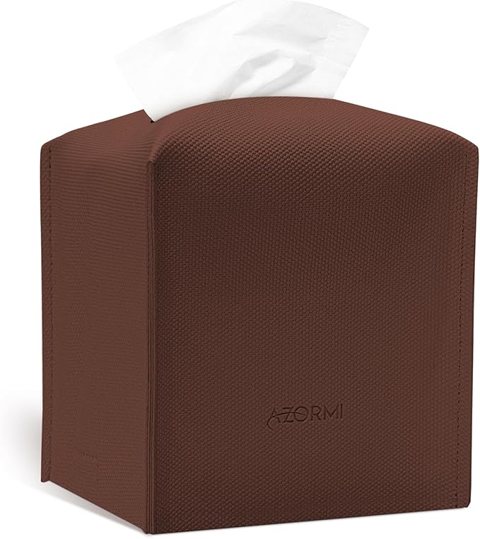 Tissue Box Cover, PU Leather Tissue Box Holder with Bottom Belt, Modern Square Tissue Box Covers with Wide Opening (Brown, Woven Patterns)