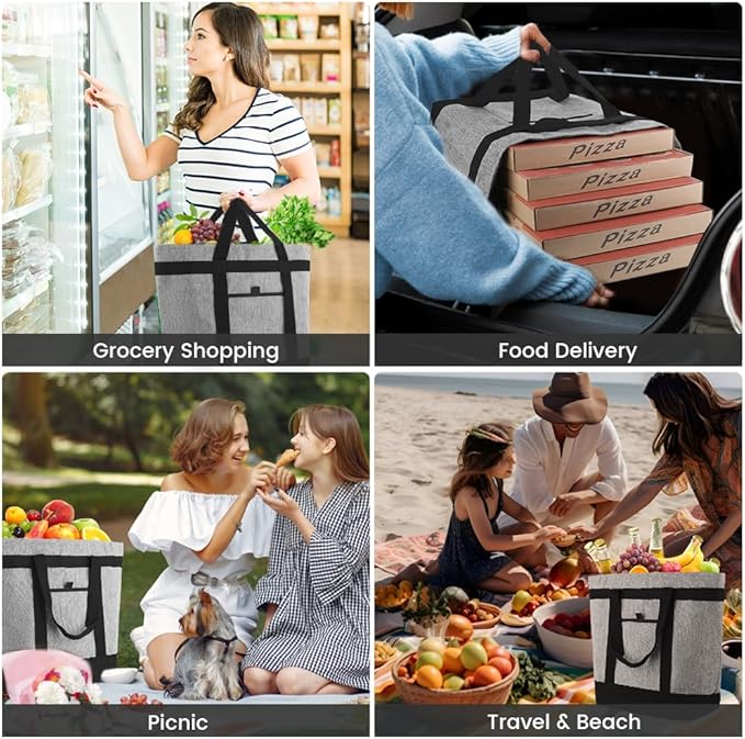 mosago Insulated Cooler Tote Bags, Soft Totes with Top Secure and Sided Pockets for Pizza Delivery Grocery Shopping Travel Beach, Large Leak Proof Food Delivery Bag Frozen/Thermal Foods, Collapsible