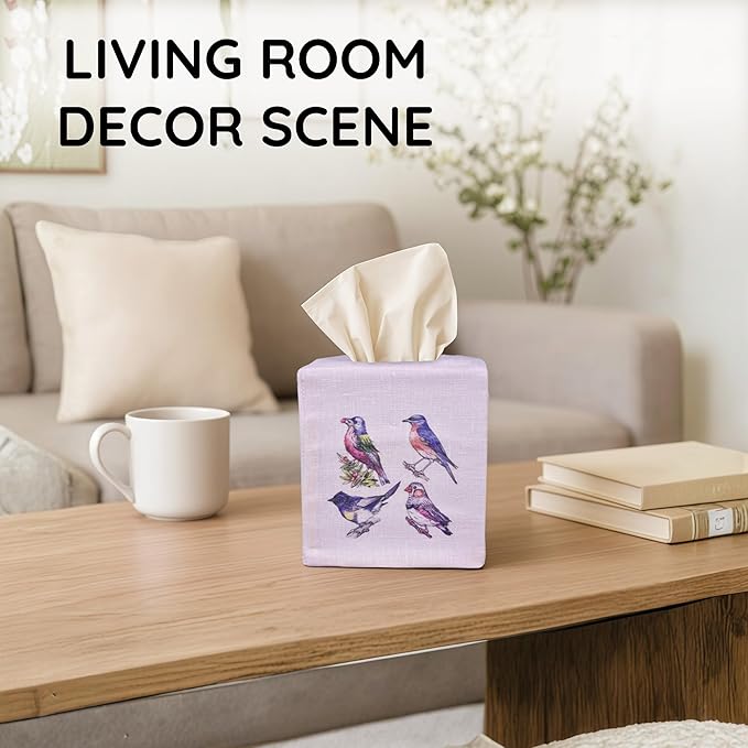 EmbroideryLinen.VN Tissue Box Cover Set of 2, Square Linen Tissue Holder, Printed Animal Pattern, 4.5x4.5x5.5 Inches, Decorative Holder for Bathroom, Living Room, Office (Four Birds)