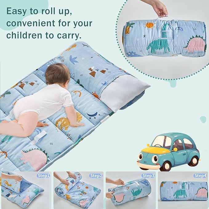 DuShow Cotton Toddler Nap Mat Dinosaur,Roll Up Slumber Bags for Boys,Toddler Nap Mat with Removable Pillow, Kids Sleeping Mat for Daycare and Preschool Kindergarten-Blue ﻿