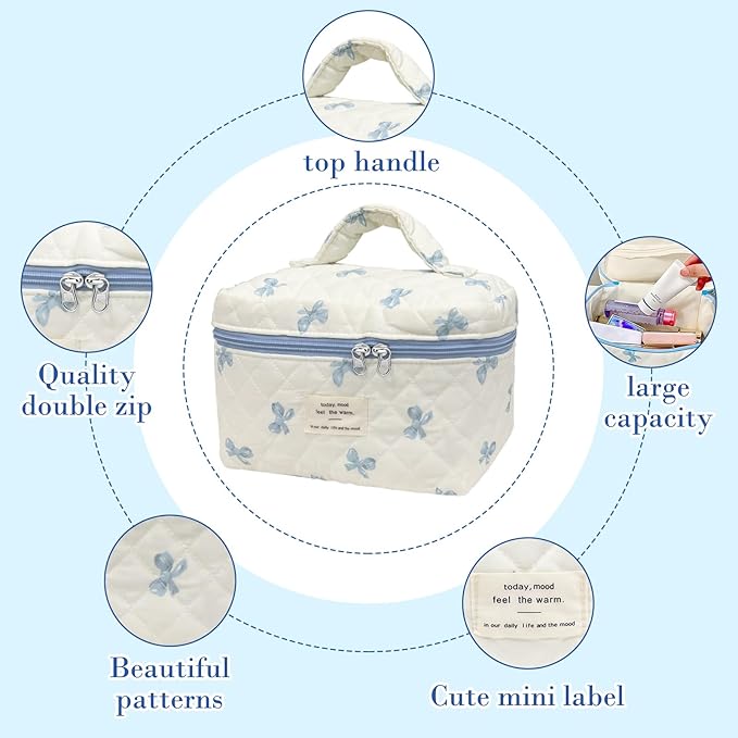 Cozomga Quilted Makeup Bag, Large Capacity Travel Cosmetic Bag for Women and Girls, Aesthetic Storage for Daily and Travel Use (Bow Quilted)