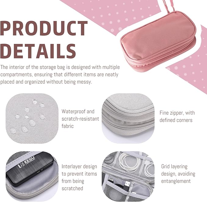 OBHEI Electronic Organizer Double Layer, Water Resistant Cable Organizer Bag for Travel Essentials, Cord, Charger, Phone, Earphone, Large Size,Accessories Travel Essentials (Pink, Double-Layer)