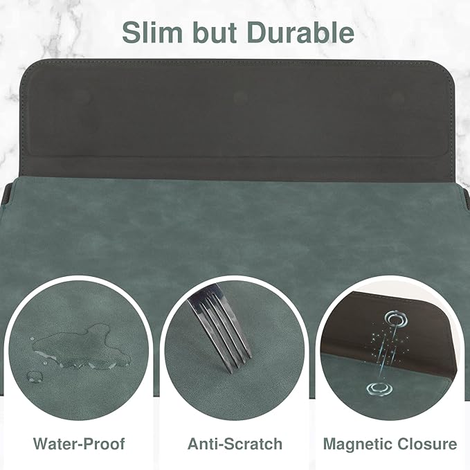Allinside 13-14 Inch Laptop Sleeve Case for MacBook Pro 14" 2021-2024/MacBook Air 13" 2010-2017/MacBook Pro 13" 2010-2015, Waterproof Matte PU Leather Sleeve with Stand & Accessory Pouch, Dark Green