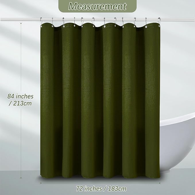 PANGSINNE Extra Long Dark Green Waffle Shower Curtain, Heavy Duty 256GSM Fabric Curtains with Weave Hotel Quality Bathroom Curtains, 72 x 84 Inches
