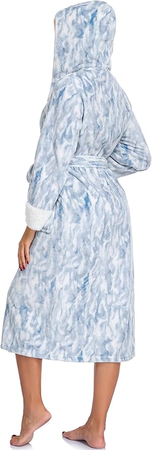 RONGTAI Womens Plush Fleece Hooded Bathrobe, Thick Nightgown Long Robe Sleepwear with Two Side Pockets and Belt