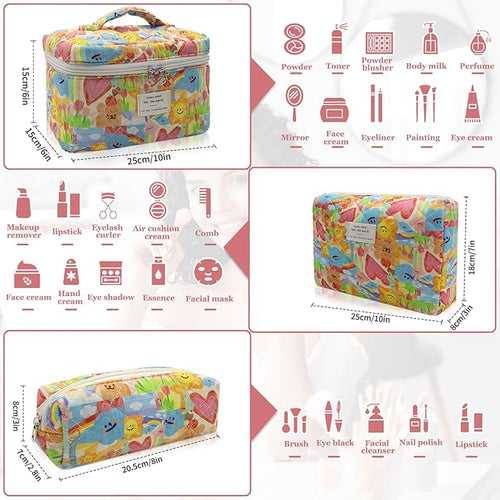 3pc Makeup Bag Set, Quilted Makeup Bag Set, Large Floral Cosmetic Bag for Women, Cute Cotton Makeup Bags, Flower Travel Toiletry Organizer Bag (Heart Shape)
