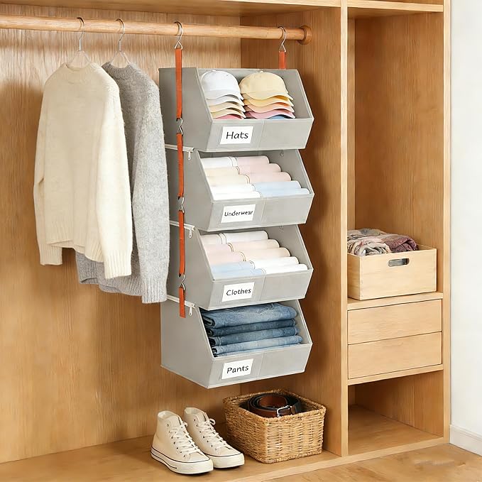 Baesyhom 4 Pcs Modular Closet Organizer - Detachable & Foldable Hanging Storage Cubes, 88L Total Capacity, Heavy Duty Fabric Shelves for Wardrobe, Closet Organization, RV, Dorm, Grey