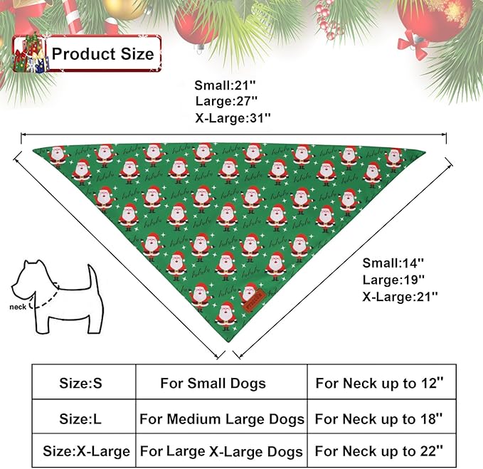PTDECOR Christmas Dog Bandana, HOHO Santa Design Reversible Holiday Pet Scarf, Premium Durable Fabric, Red Green Triangle Christmas Bandanas for Medium Large Dogs Pets (Large)
