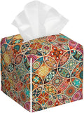 Tissue Box Cover Holder, Vintage Mandala Flowers PU Leather Square Tissue Box Cover Decorative Organizer for Bathroom Kitchen Bedroom Vanity Countertop Night Stands