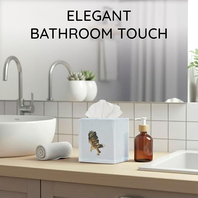 EmbroideryLinen.VN Tissue Box Cover Set of 2, Square Linen Tissue Holder, Printed Animal Pattern, 4.5x4.5x5.5 Inches, Decorative Holder for Bathroom, Living Room, Office (Eagle)