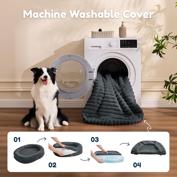 ChiXnuggle Dog Bed Medium Sized Dog - Luxury Striped Faux Fur Waterproof Pet Couch with Removable Washable Cover, Orthopedic Pet Bed with Bolster Sides for Sleeping, Dark Grey
