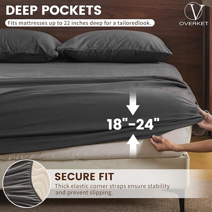 100% Linen Sheet Set Cal King Size Extra Deep Pocket Fits 18-24 Inch Mattress, Breathable & Soft, Smooth 4-Piece Set for Thick Mattresses Hotel Luxury Bedding（Cal King, Dark Grey）