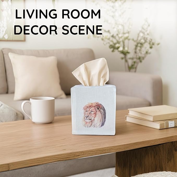 EmbroideryLinen.VN Tissue Box Cover Set of 2, Square Linen Tissue Holder, Printed Animal Pattern, 4.5x4.5x5.5 Inches, Decorative Holder for Bathroom, Living Room, Office (Lion)