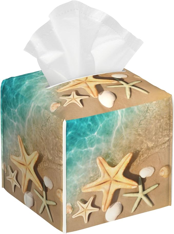 POIUBLE Beach Theme Tissue Box Holder Seashell Starfish Print Tissue Box Cover Square Leather Tissue Holder Organizer Portable Decorative Facial Paper Case for Home Office Bathroom Vanity Countertop