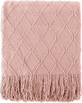 BATTILO HOME Blush Throw Blanket with Tassels, Pink Knit Blanket for Home Decor, Boho Style Textured Knitted Decorative Blanket for Couch, Sofa &Bed, 50"x60"